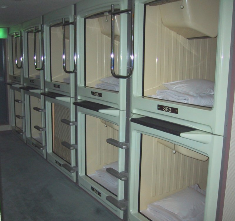 Capsule hotel interior in Japan