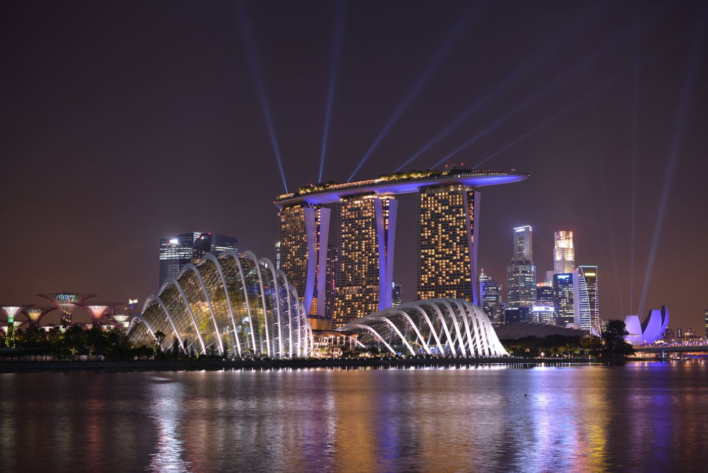 Gardens by the Bay and Marina Bay Sands at dusk, Singapore