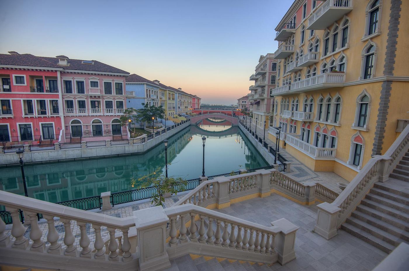 Colorful canal-side buildings in the Qanat Quartier of The Pearl-Qatar