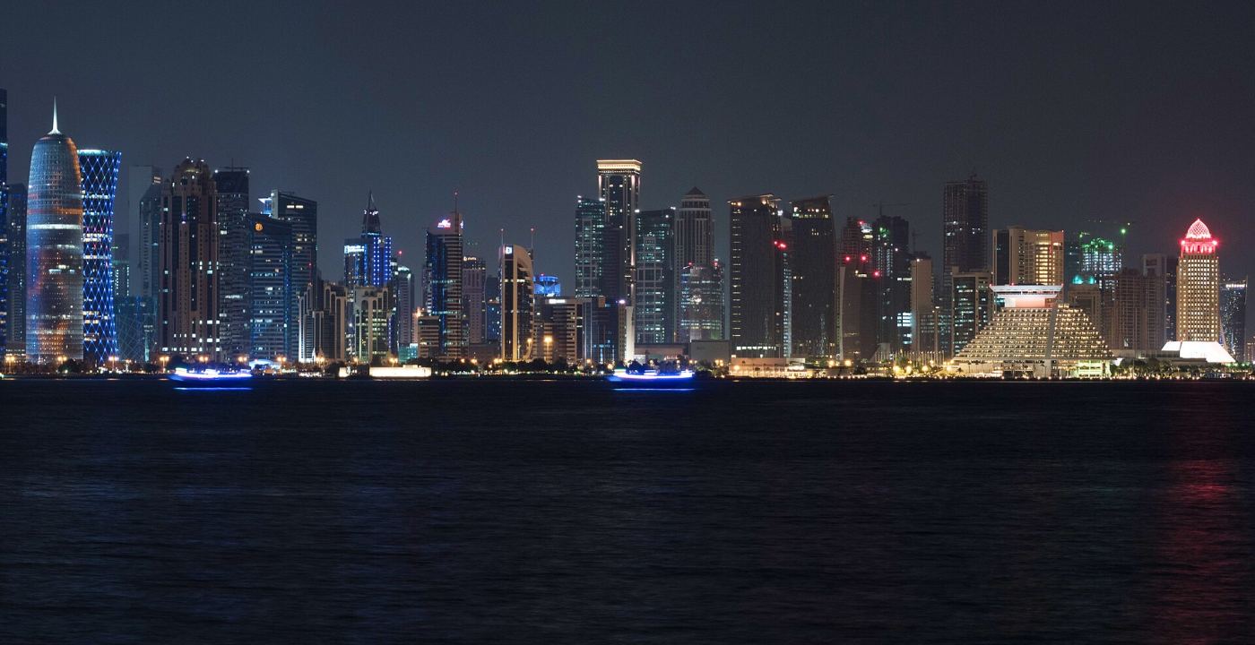 The Doha West Bay skyline lit up at night