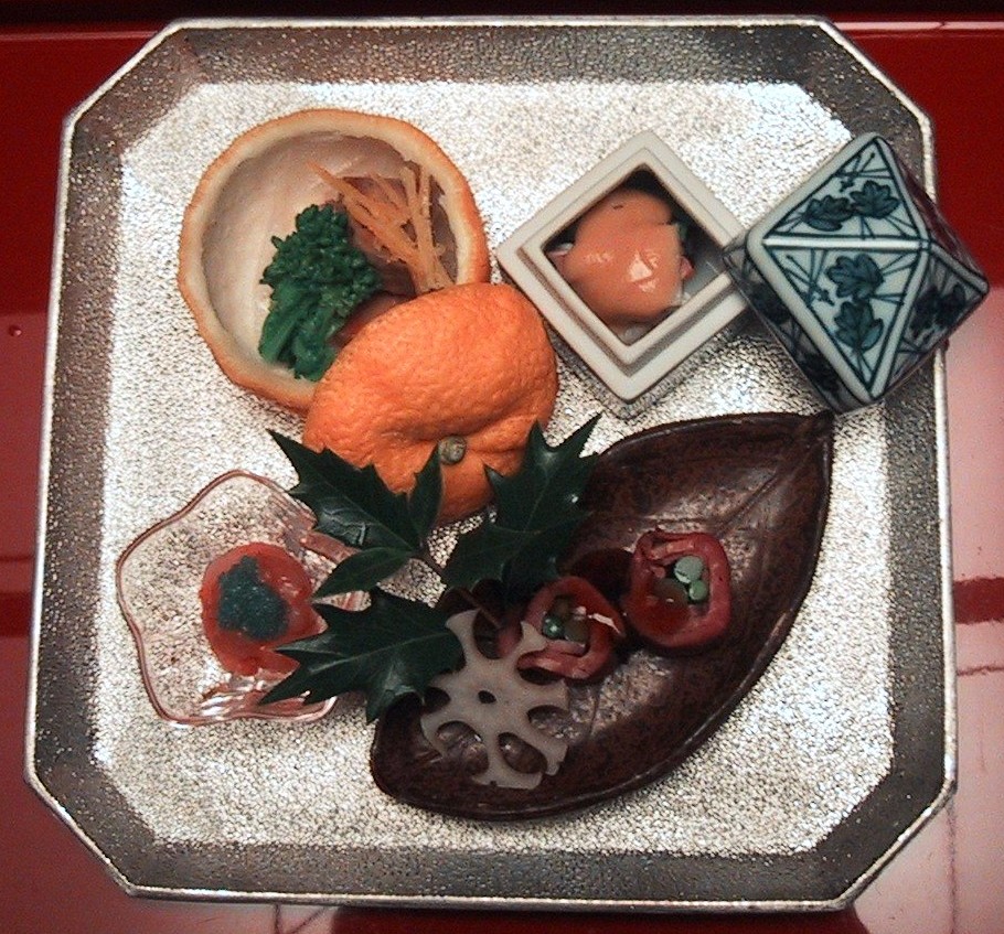 A multi-course kaiseki meal arranged on individual dishes