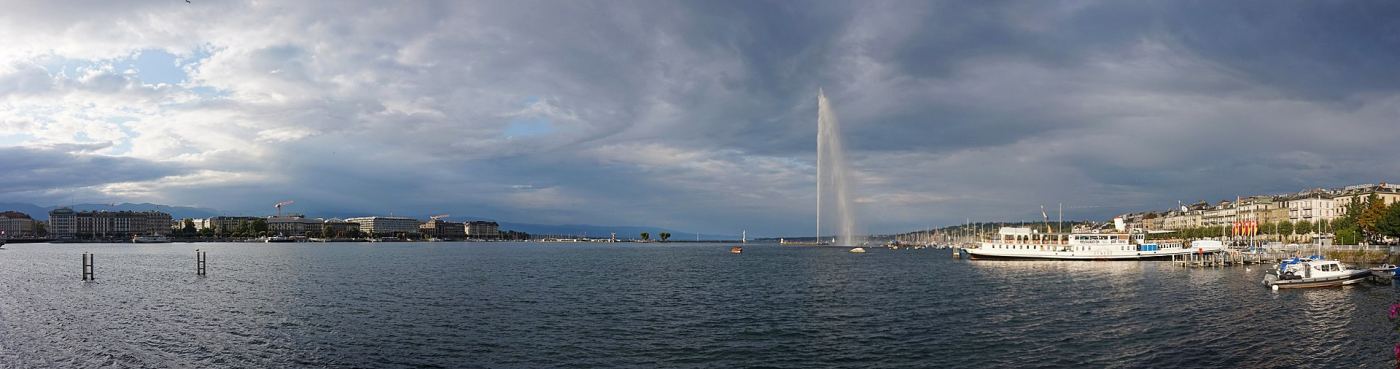 Lake Geneva with the Jet d'Eau visible in the distance