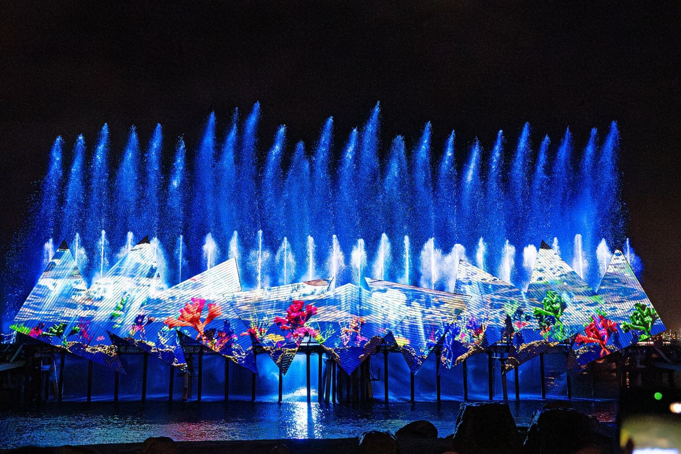Colorful laser and water projection show at Wings of Time on Sentosa Island