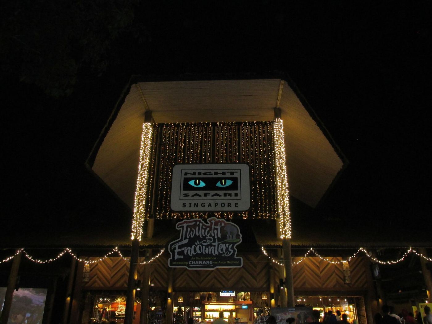 Illuminated entrance sign for Night Safari at Mandai Wildlife Reserve, Singapore