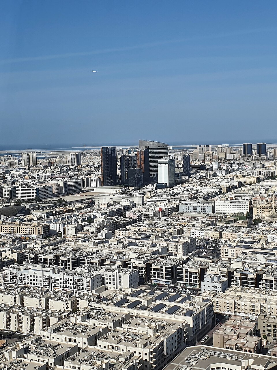 Aerial view of Dubai neighborhoods seen from the Dubai Frame observation deck