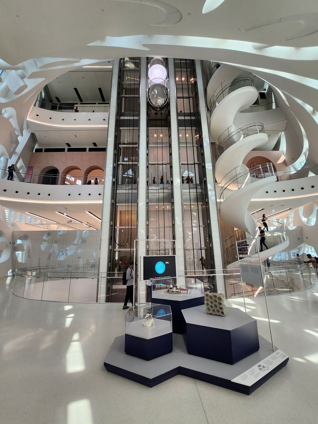 Futuristic spiral staircase and elevator inside the Museum of the Future, Dubai