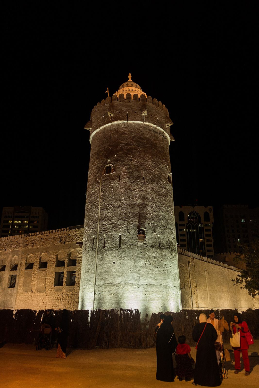 Qasr Al Hosn fort illuminated at night in Abu Dhabi
