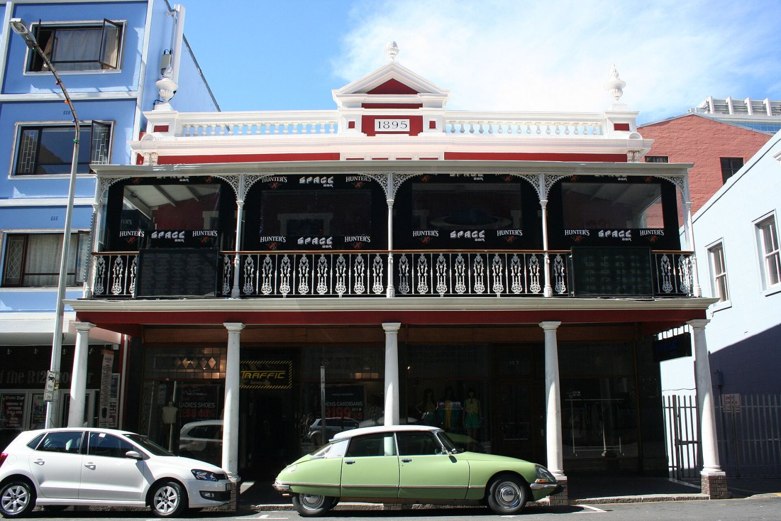 Historic Victorian building with iron balcony on Long Street, Cape Town