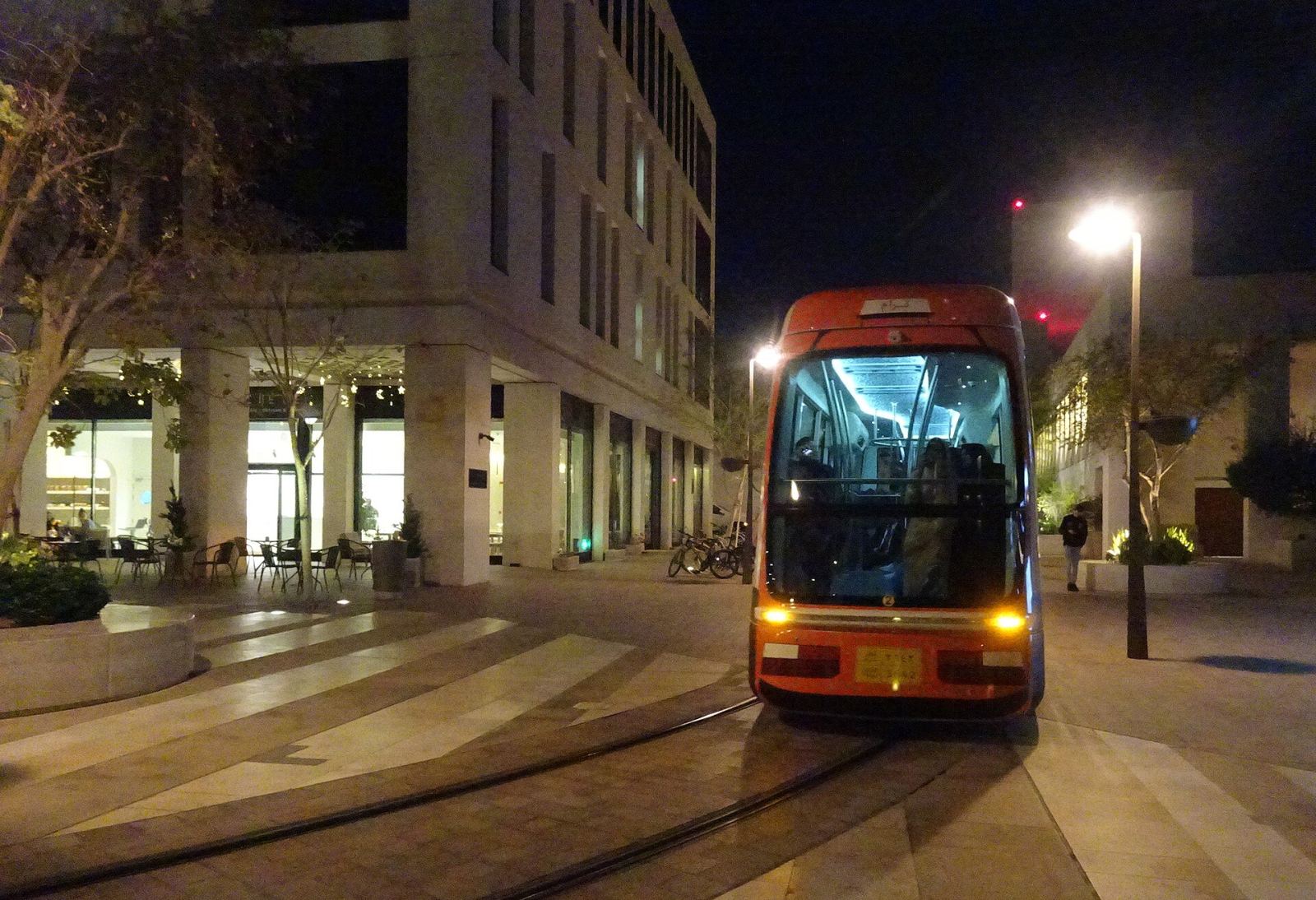 Msheireb tram at night in Downtown Doha