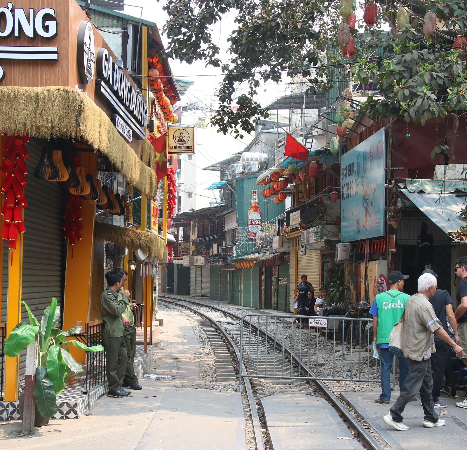 Cafés and shops along Hanoi's Train Street next to the railway tracks